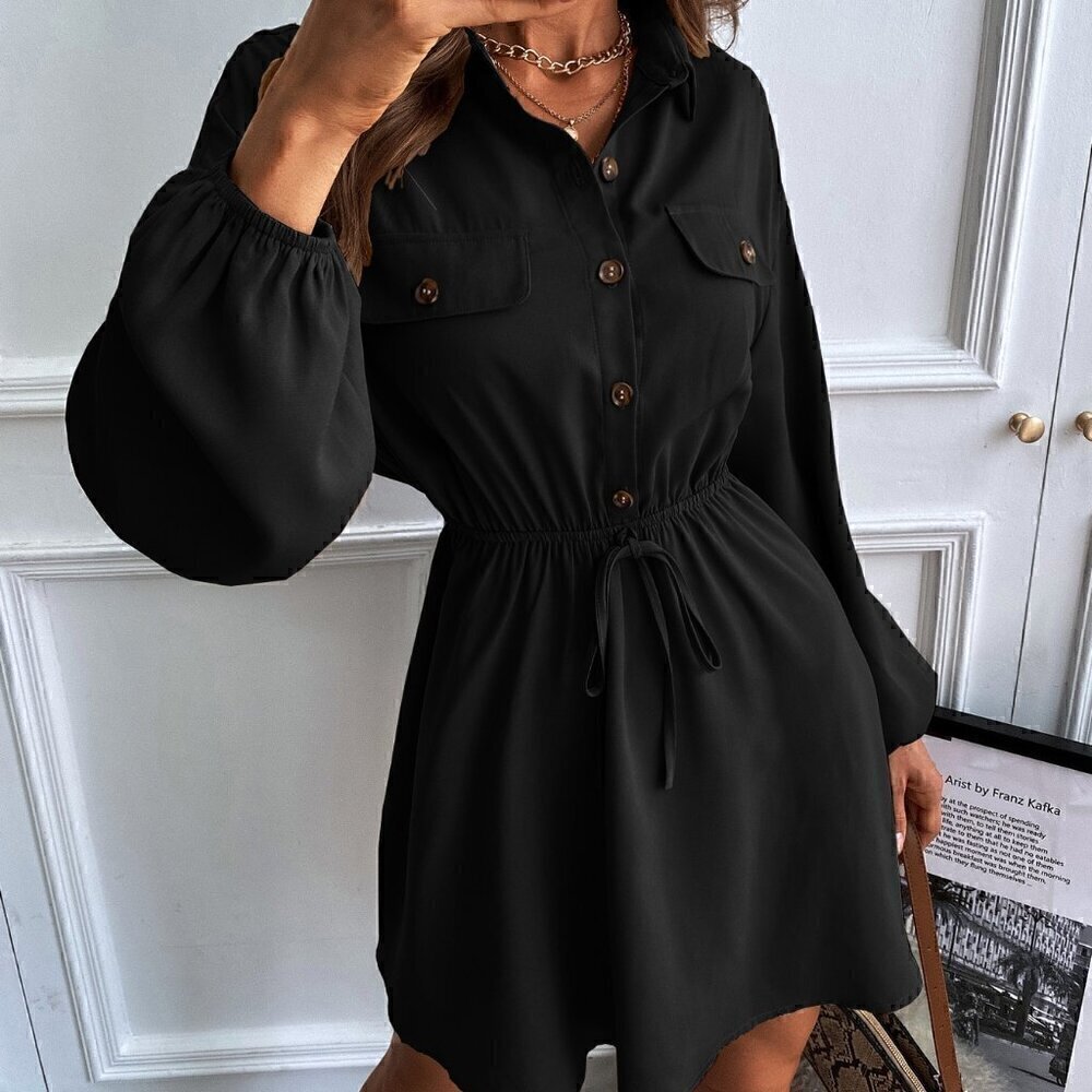 Black Casual Women's Lantern Sleeve Flap Detail Shirt Dress Without Belt
